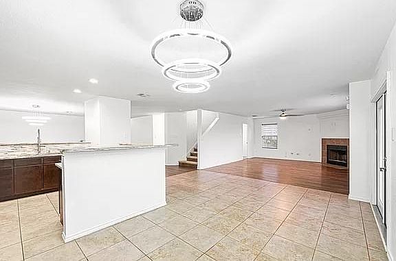 Open kitchen leading to living room