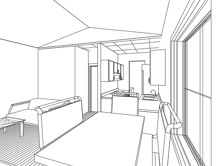 View from the porch to the kitchen and living area.