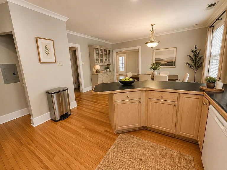 Another angle of the kitchen overlooking the living area