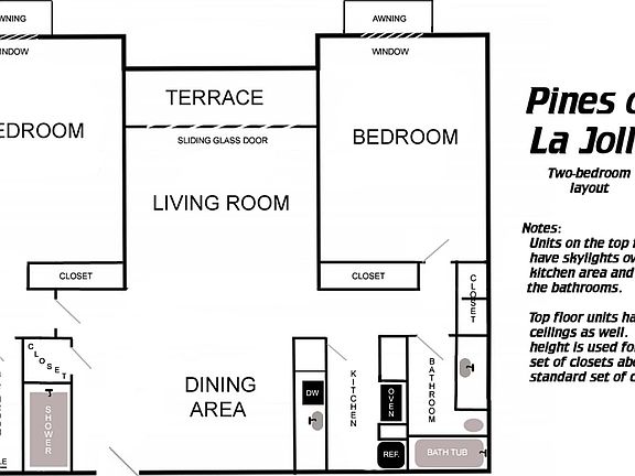 Skylights are above kitchen and left-hand bathroom. Fan is above dining. Two bedrooms are like two private modules.