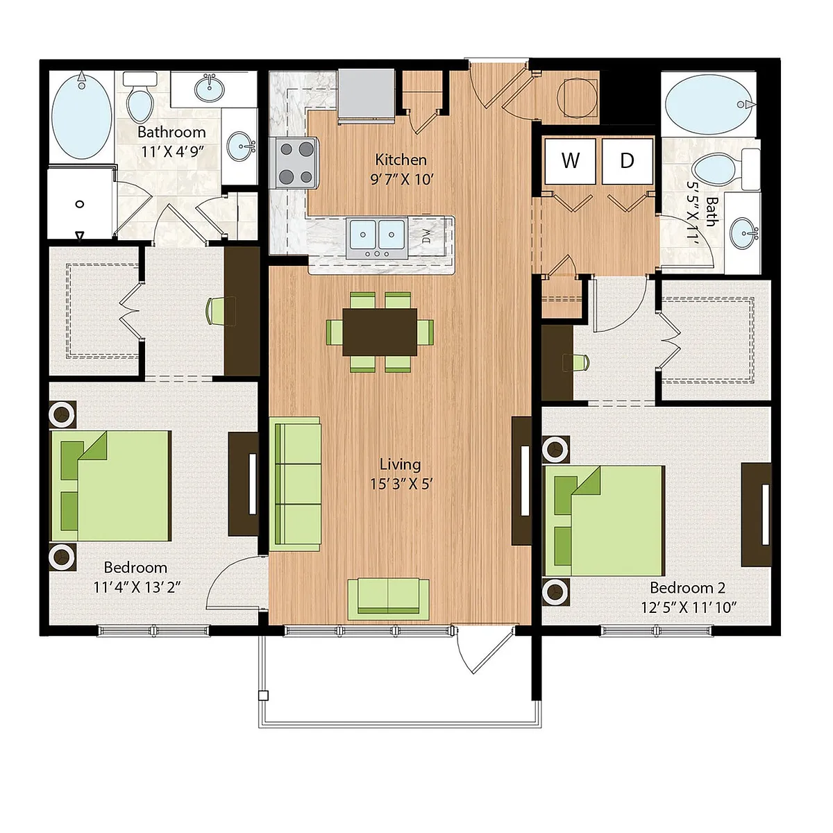 Floor plan Two Bedroom Two Bath (1225 SF)