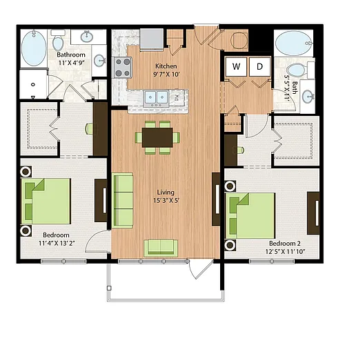 Floor plan Two Bedroom Two Bath (1225 SF)