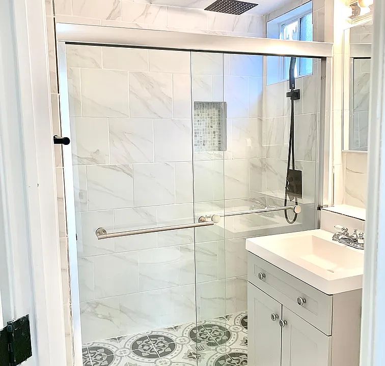 Tiled Bath w/ Glass Shower Enclosure, Rain Showerhead