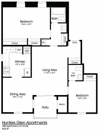 Floor plan 2BR 1.5BA (845sf)