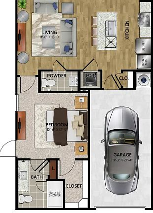 1 bd 1.5 bath floorplan