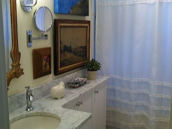 Marble countertop in bath.