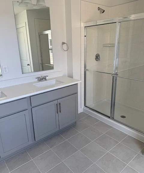 Master bath with 2 closets, his and hers counter, large shower stall and a toilet with door.