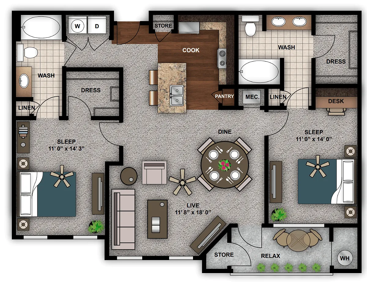 Floor plan Two Bedroom Renovated C2r