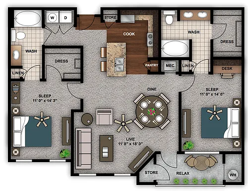 Floor plan Two Bedroom Renovated C2r