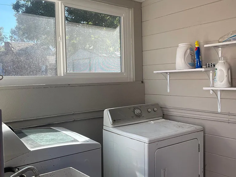 Free laundry room with utility sink. Set 2 days per week plus one shared day. Includes shelf to set supplies (available 6am-9 pm on set laundry days). Brand new washer purchased in Jan, and a 6-month-old dryer.