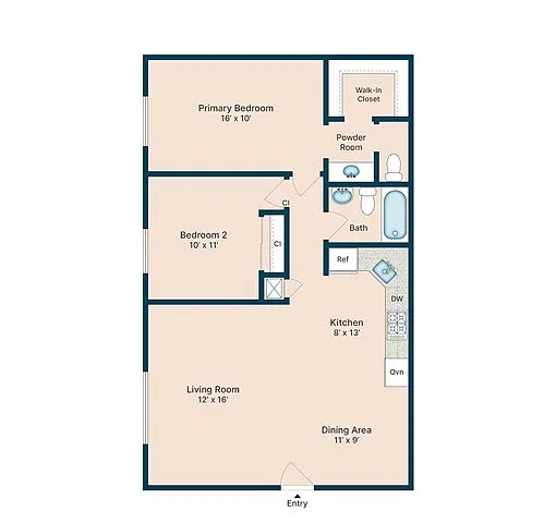 Floor plan 2 Bedroom 1.5 Bath