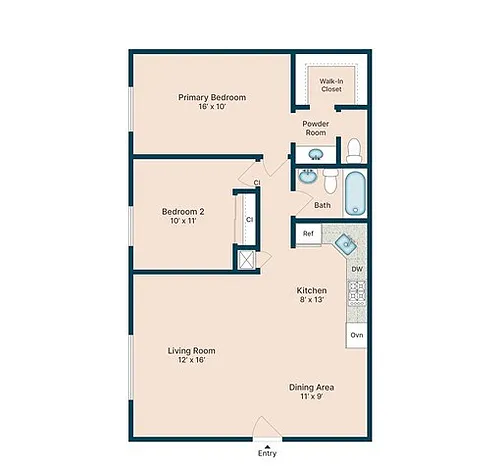 Floor plan 2 Bedroom 1.5 Bath
