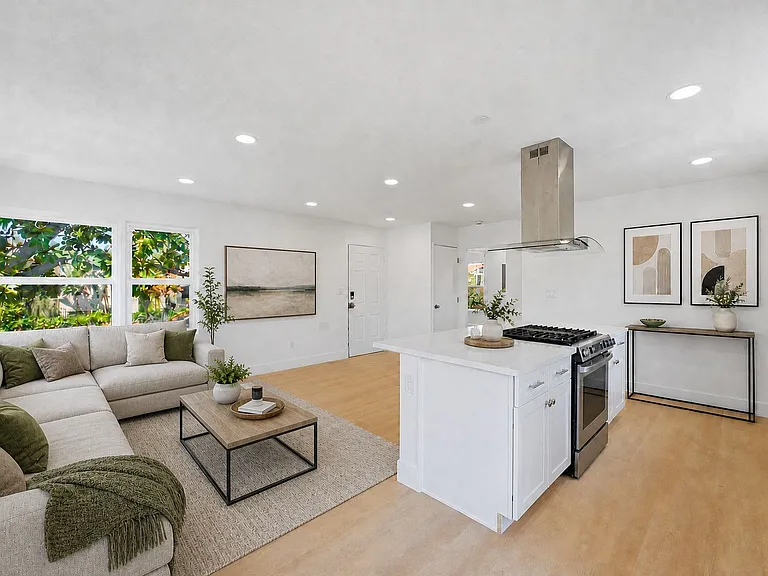 A different furniture layout option with the kitchen on the right; facing the entrance door.