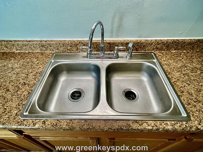Double sink with new faucet and side sprayer