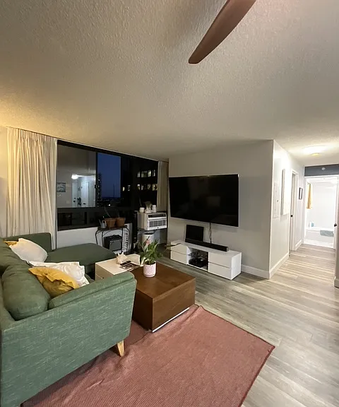 living room and hallway to bedroom and bathroom, tv and furniture included
