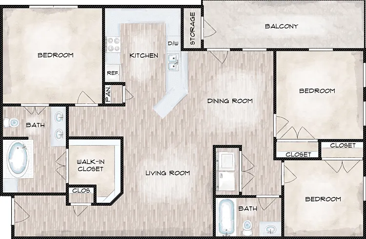 3 Bed 2 Bath Floorplan Diagram
