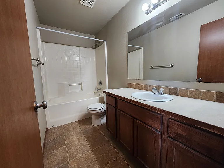Downstairs full bathroom with tub/shower combo and spacious counter.