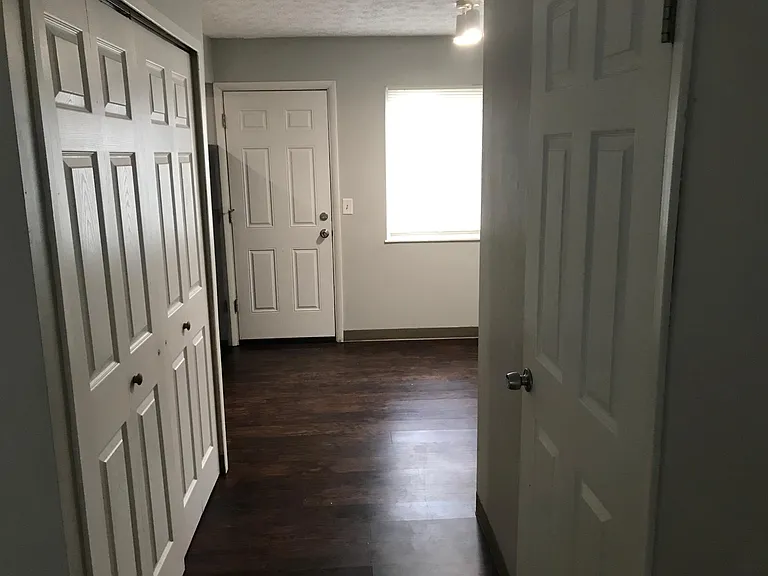 Hallway to kitchen, laundry hook ups in closet to the left, half bathroom behind the door on the right.