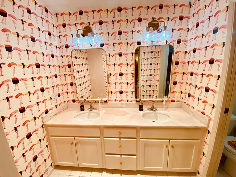 Primary bathroom
(Yes, that's sushi pin-up wallpaper!)