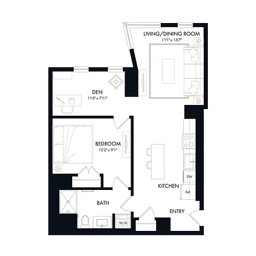 Floor plan AD6 | 1 Bed | 1 Bath | Den