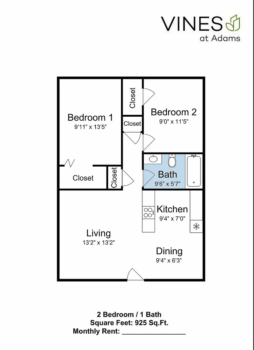Floor plan 2 Bed 1 Bath