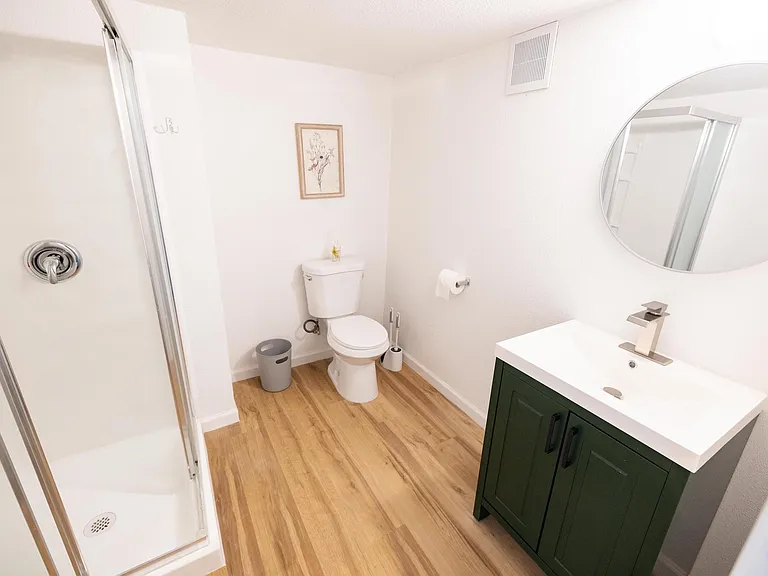 Well-kept bathroom with a glass-enclosed shower, updated single-sink vanity, and durable wood-look flooring.
