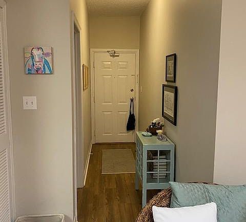 Looking from living area to entry door. Bedroom door is on the left.