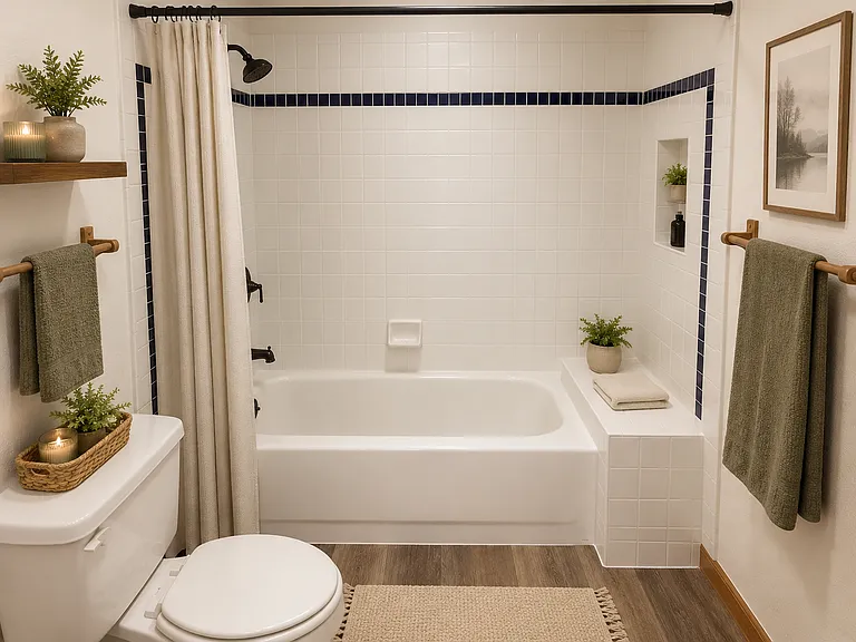 AI-staged bathroom concept showing a clean, refreshed full bath with tub/shower, warm accents, and simple spa-inspired styling.