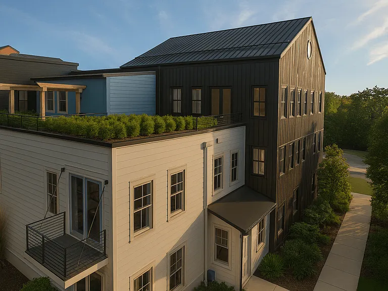 Artist rendering of upper residences with pergola, terrace and green roof area