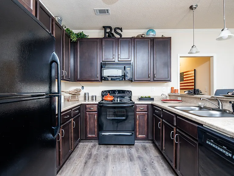 Kitchen with sleek black appliances