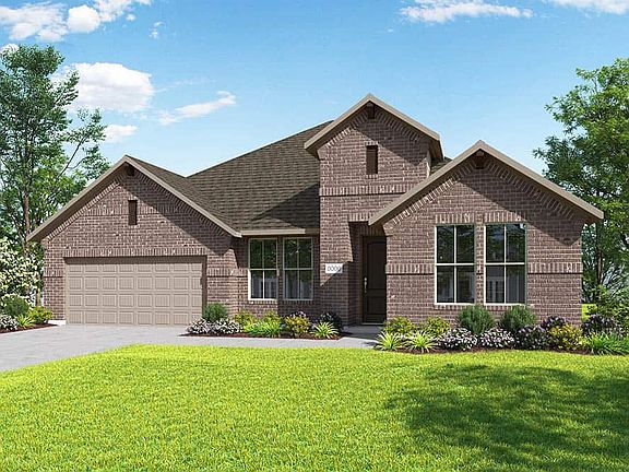 Elevation B is a single story full brick home design with decorative cedar brackets at the gables. M