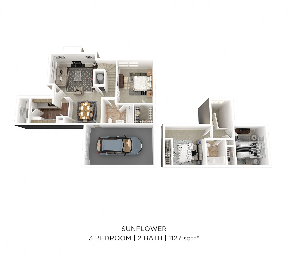 Floor plan Three Bedroom 2 Bath - 1,127 sqft