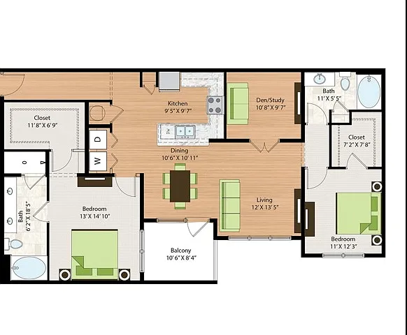 Two Bedroom Two Bath with Den (1477 SF) Two Bedroom Two Bath with Den (1477 SF)