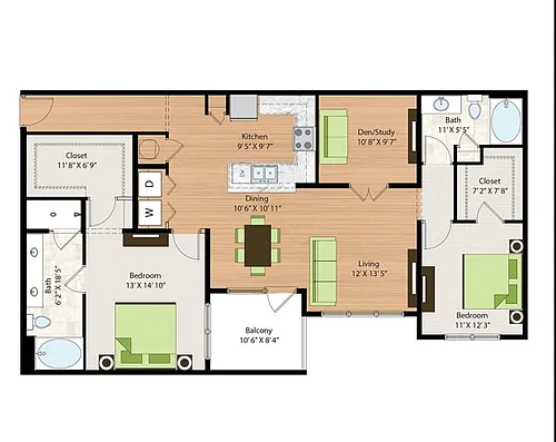 Floor plan Two Bedroom Two Bath with Den (1477 SF)