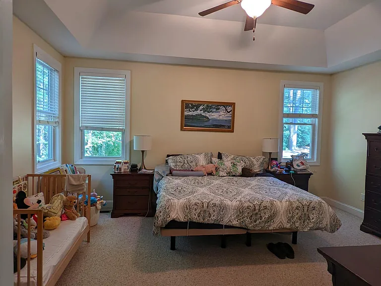 Large master bedroom easily holds a California King bed with plenty of space. Vaulted ceiling makes the space feel light and comfortable. Views outside to forest and creek.