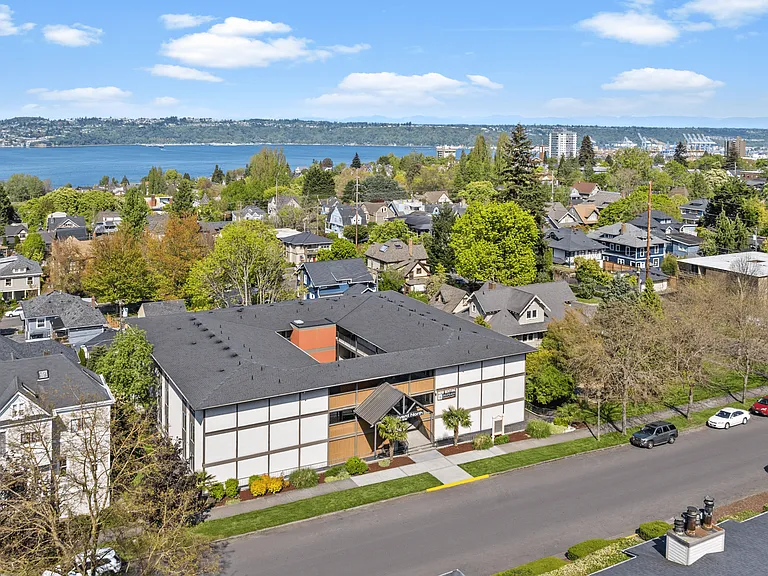 Aerial view of Courtyard North Apartments in Tacoma, just minutes from the waterfront.