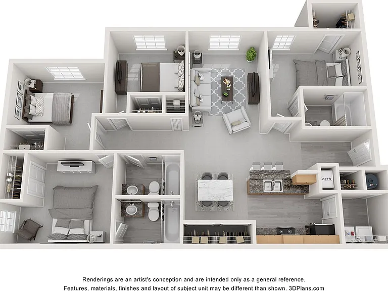 A 3D floor plan rendering of The Simon.