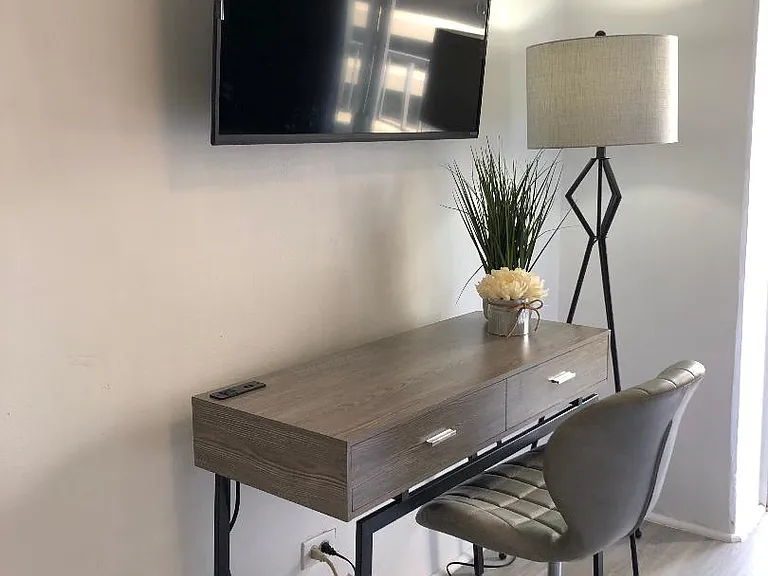 Desk and TV.