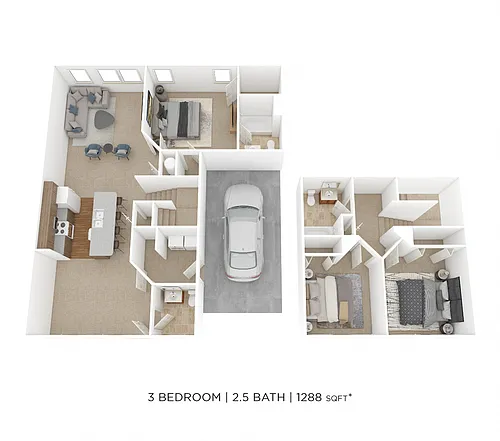 Floor plan Two Bedroom 2.5 Bath- 1,288 sqft