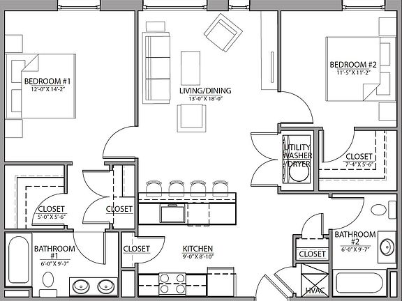 2-bedroom, 2-bathroom floor plan