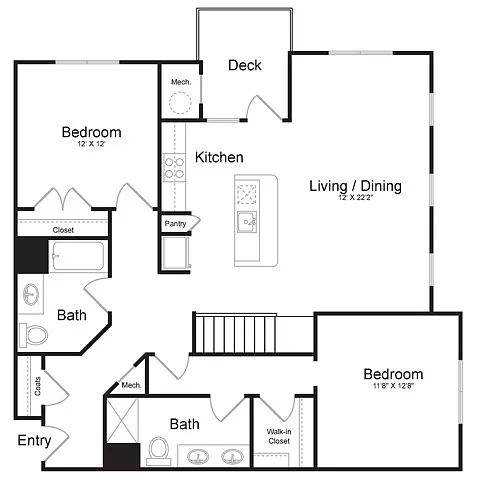 Floor plan Two Bedroom Two Bath with Loft (1630 SF)
