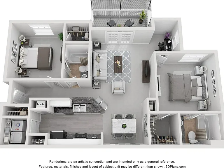 A 3D floor plan layout of our 2x2 floor plan, The Chelsea.