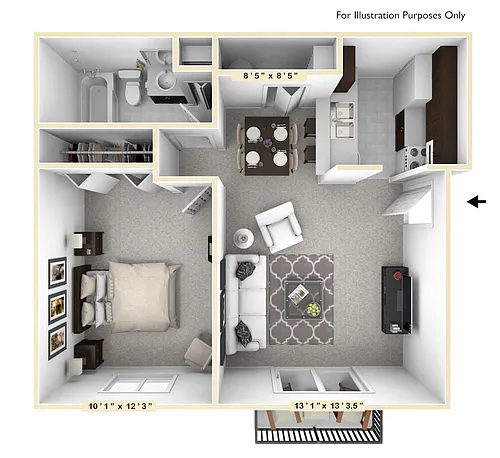 Floor plan The Oak 1 BR 1 BA