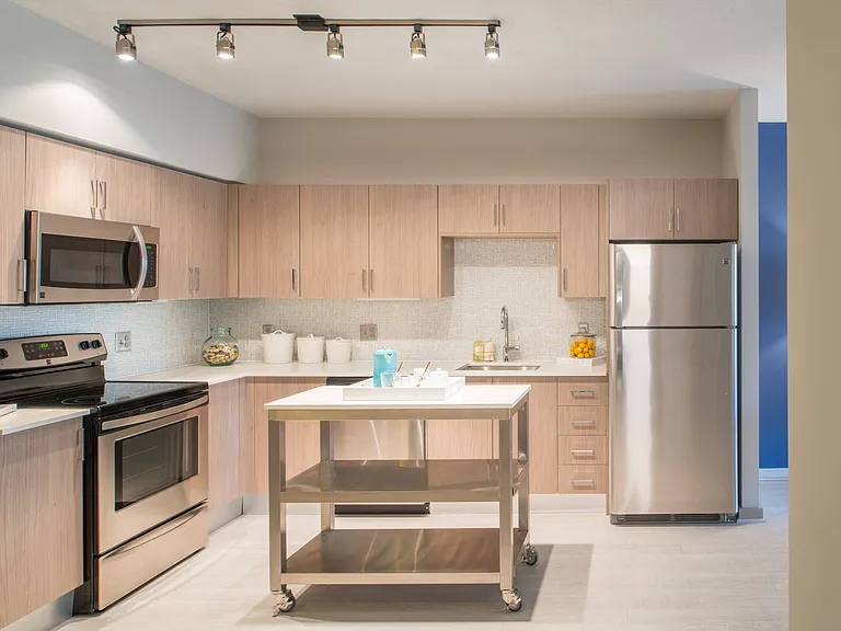 Gourmet designer kitchens with stainless steel appliances, track lighting, quartz countertops, and Italian kitchen cabinetry