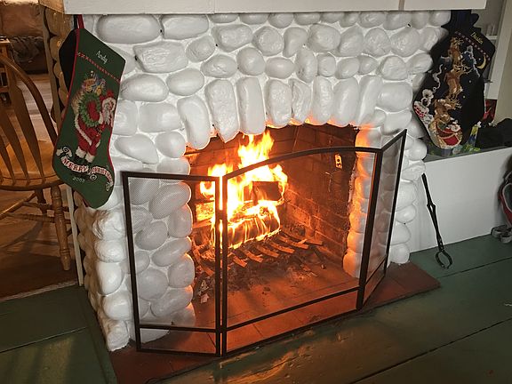 River stone fireplace