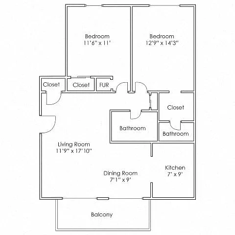 Floor plan 2 Bedroom, 1.5 Bathroom - 935 SF