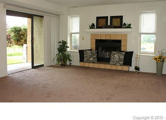 Wood burning fireplace with raised hearth in living room with view to private pa