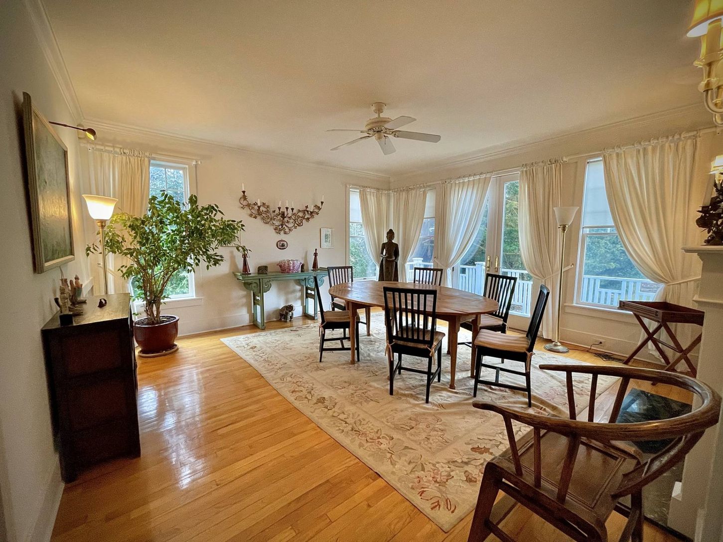formal dining room with French doors to deck