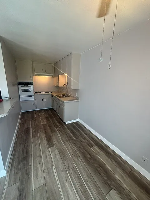 Spacious eat-in kitchen with vinyl plank flooring and new paint