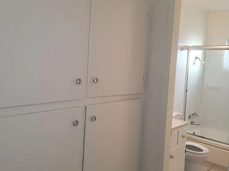 Hallway linen cabinets and view of bathroom.